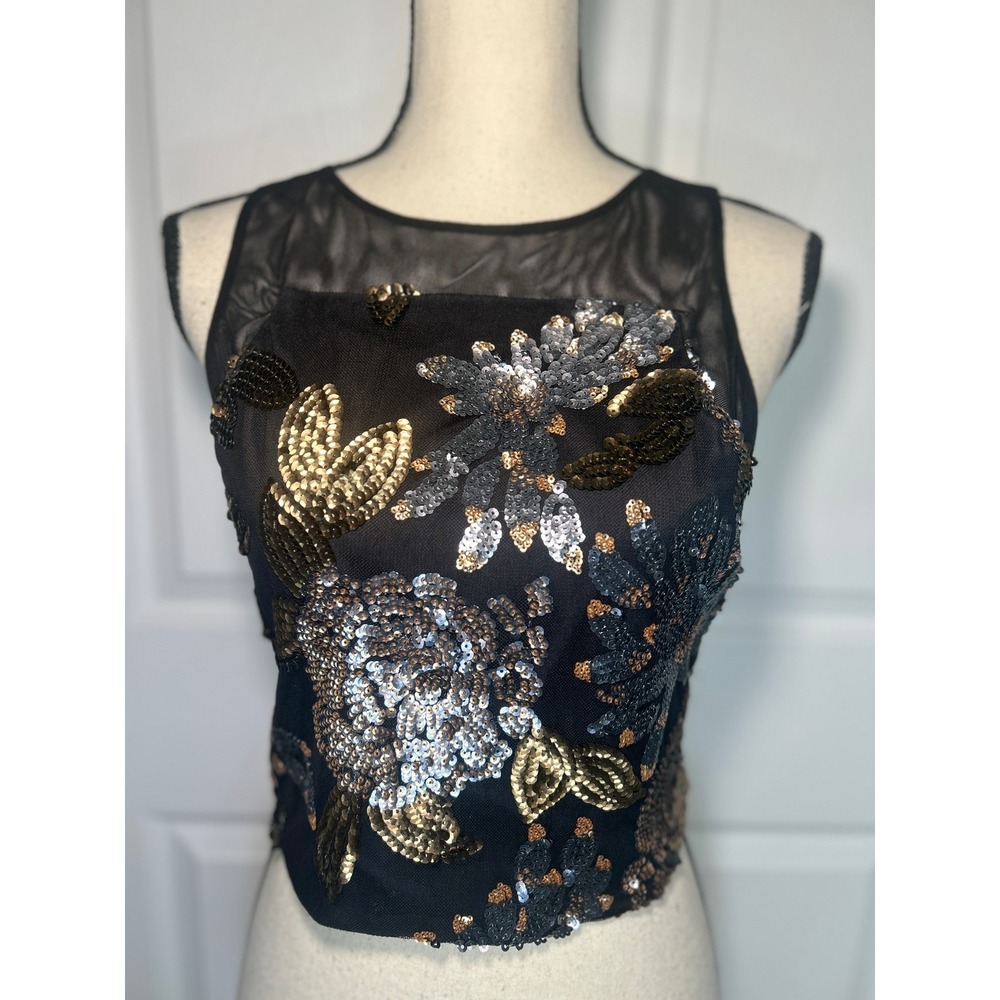 Belle Badgley Mischka Crop Top Floral Sequin 2 NWT Black Gold Evening Sleeveless